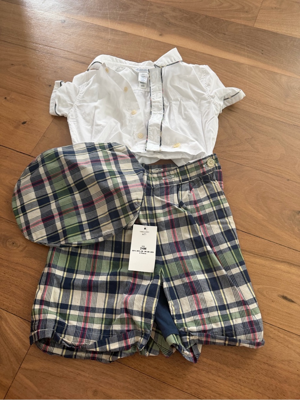 Ralph Lauren White Shirt with Navy, Green & Cream Plaid Shorts and Cap